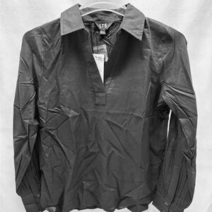 Long Tall Sally Womens Shirt Sz 10 Black Open Collared V Neck  Button Blouse NWT